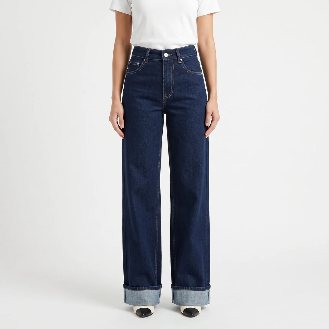 Women's dark blue high waist wide leg jeans with rolled cuffs
