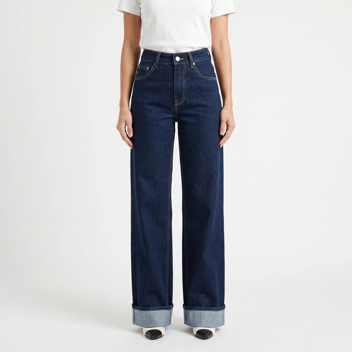 Women's dark blue high waist wide leg jeans with rolled cuffs