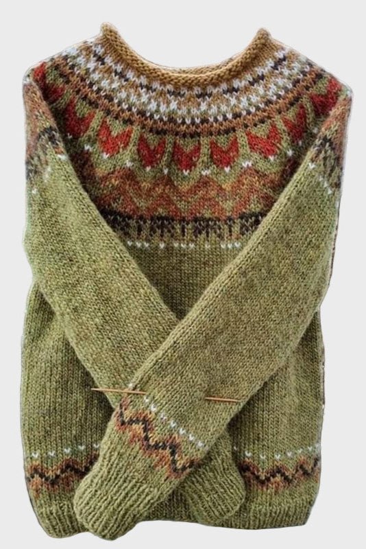 Women's olive green Fair Isle jumper with crew neck and long sleeves