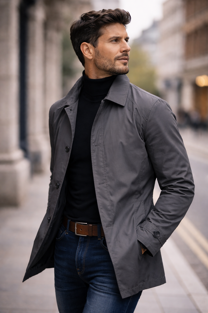 Men's button front trench-style jacket