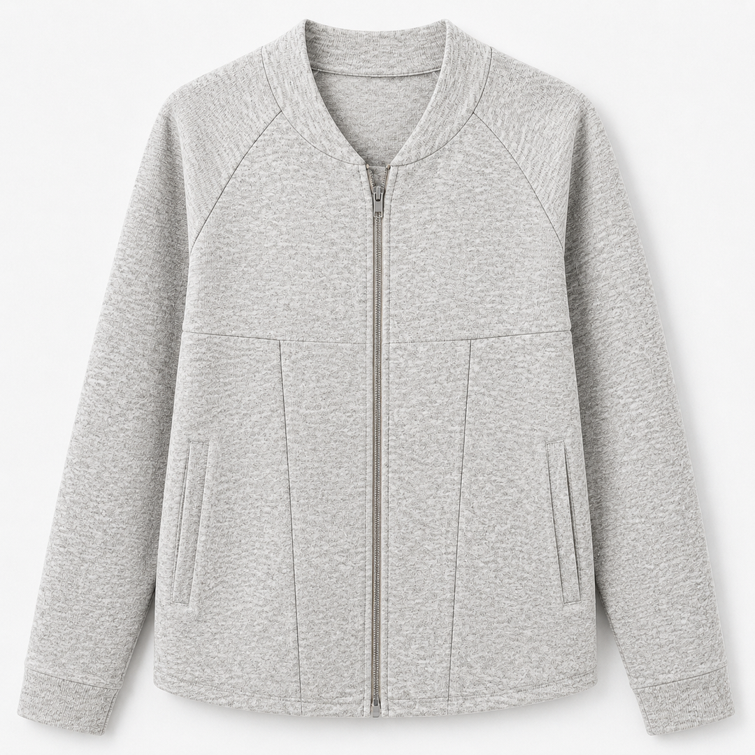 Women's knitted bomber cardigan jacket with stand collar, zip front and front pockets