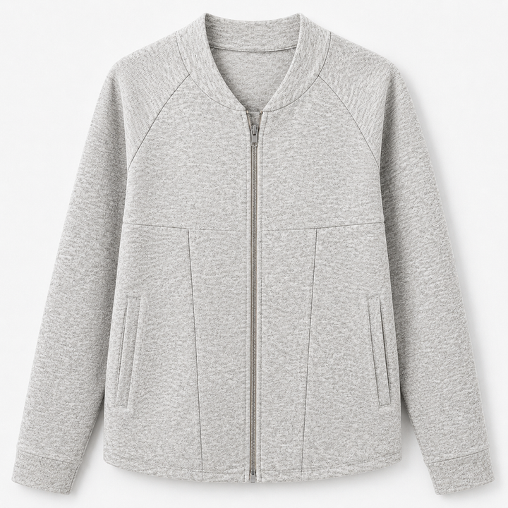 Women's knitted bomber cardigan jacket with stand collar, zip front and front pockets