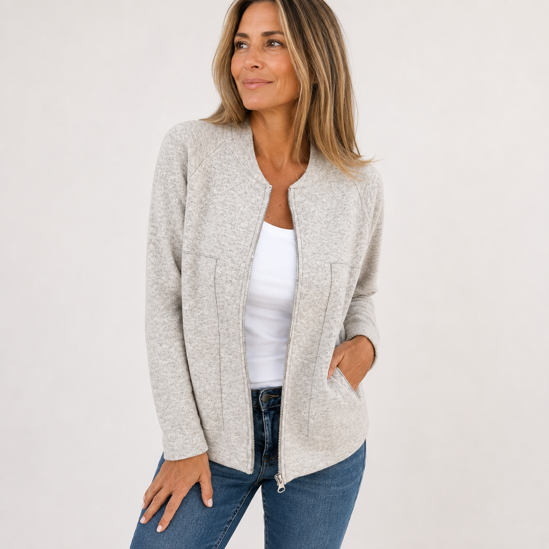 Women's knitted bomber cardigan jacket with stand collar, zip front and front pockets