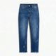 Women's cropped straight leg jeans with distressed details and frayed hems