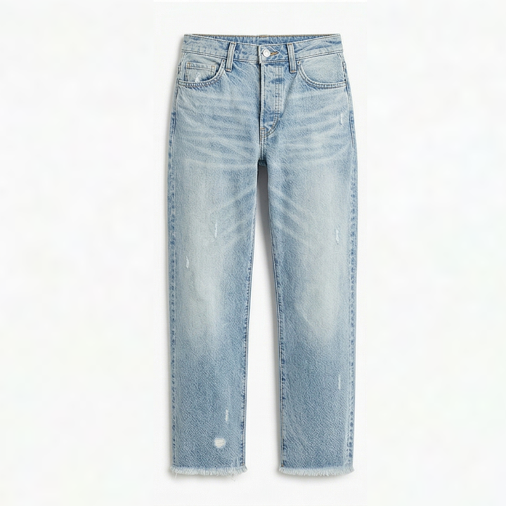 Women's cropped straight leg jeans with distressed details and frayed hems