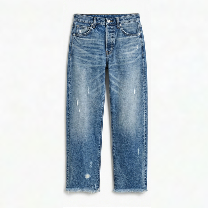 Women's cropped straight leg jeans with distressed details and frayed hems
