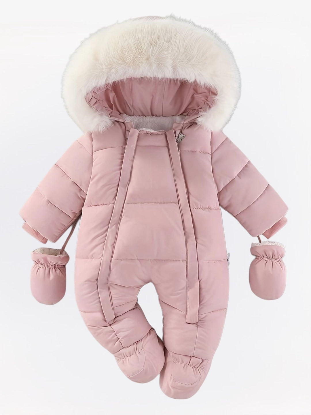 Quilted hooded baby snowsuit with fur trim, enclosed feet and matching mittens