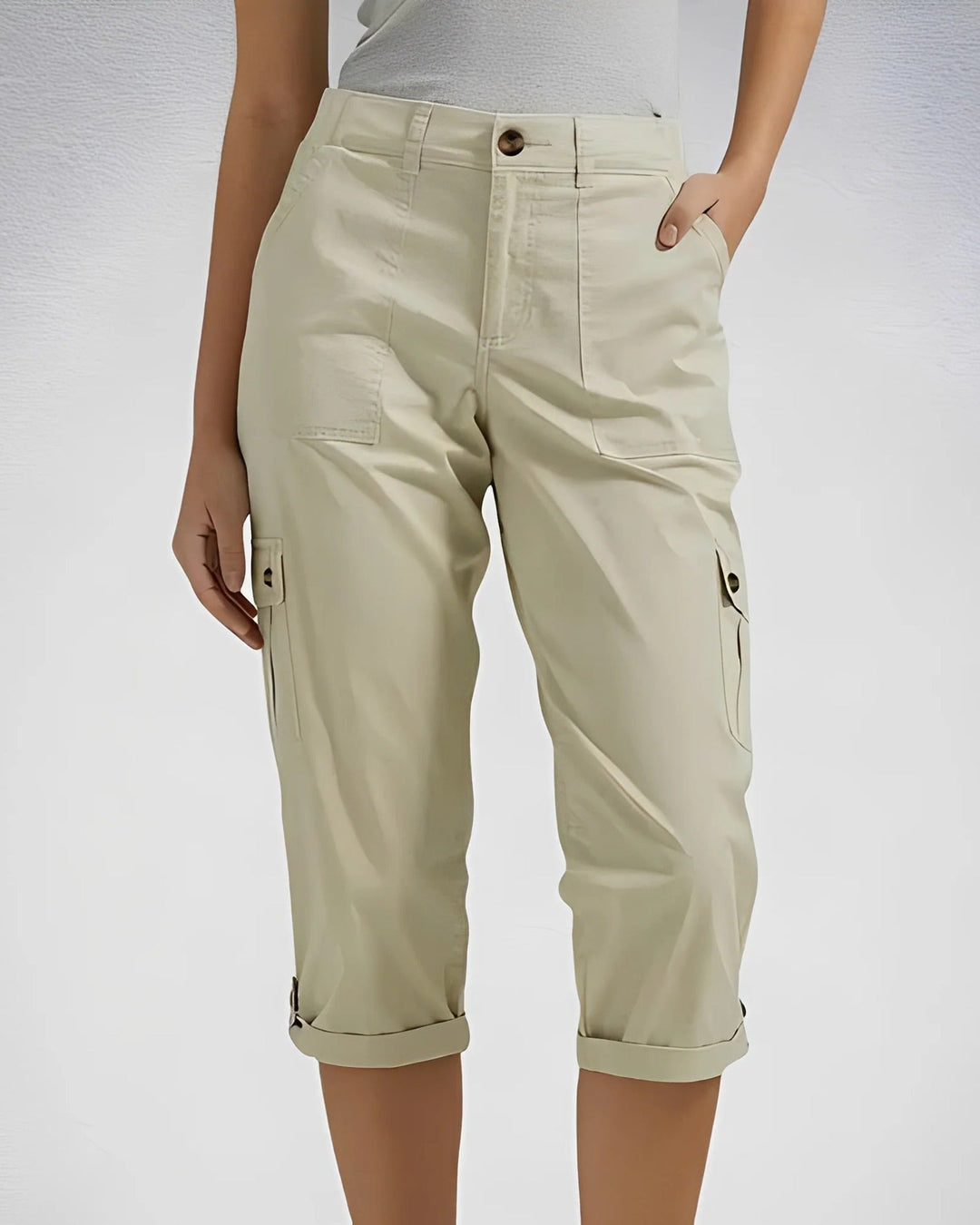 Women's cropped cargo trousers with cuffed hems and multiple pockets