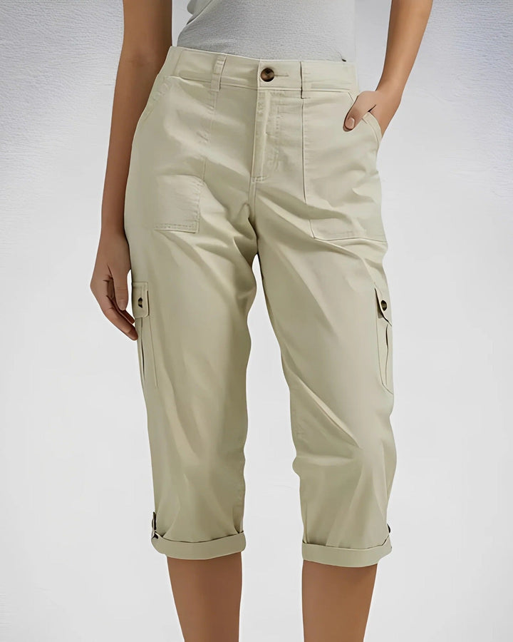 Women's cropped cargo trousers with cuffed hems and multiple pockets