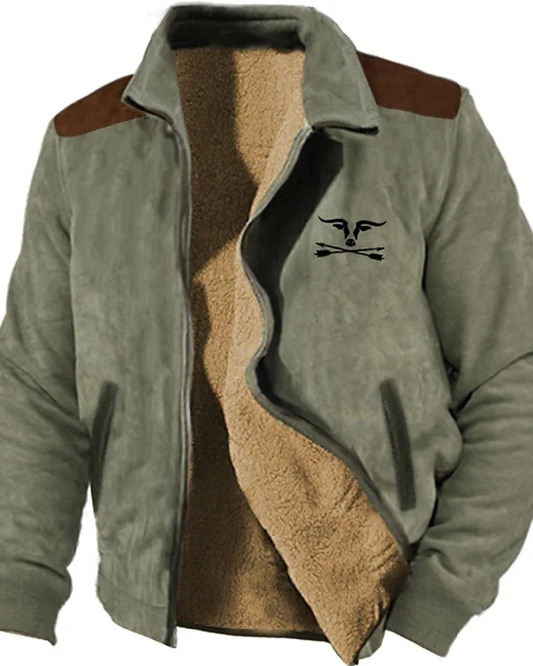 Men's textured lined jacket with stand collar, contrast shoulder panels and zip front