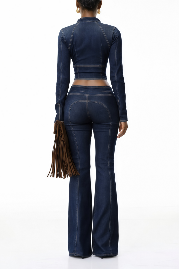 Women's indigo blue denim lace-up co-ord set with cropped jacket and flare trousers