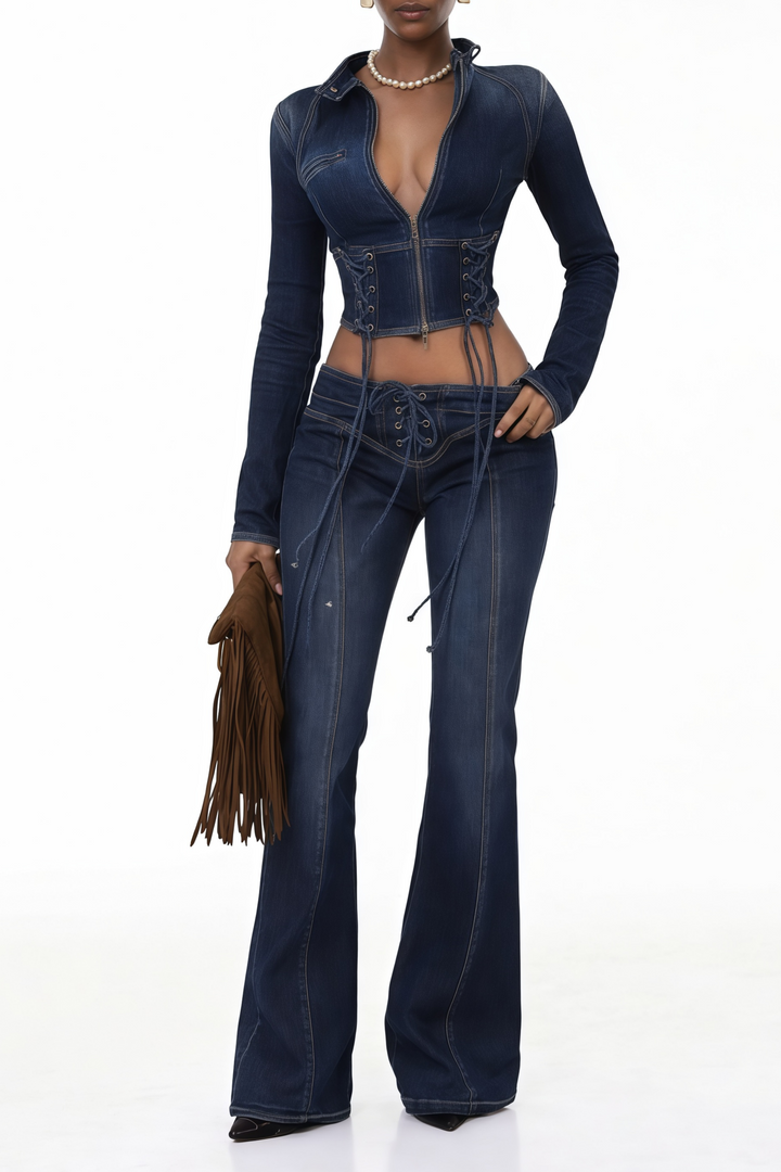 Women's indigo blue denim lace-up co-ord set with cropped jacket and flare trousers