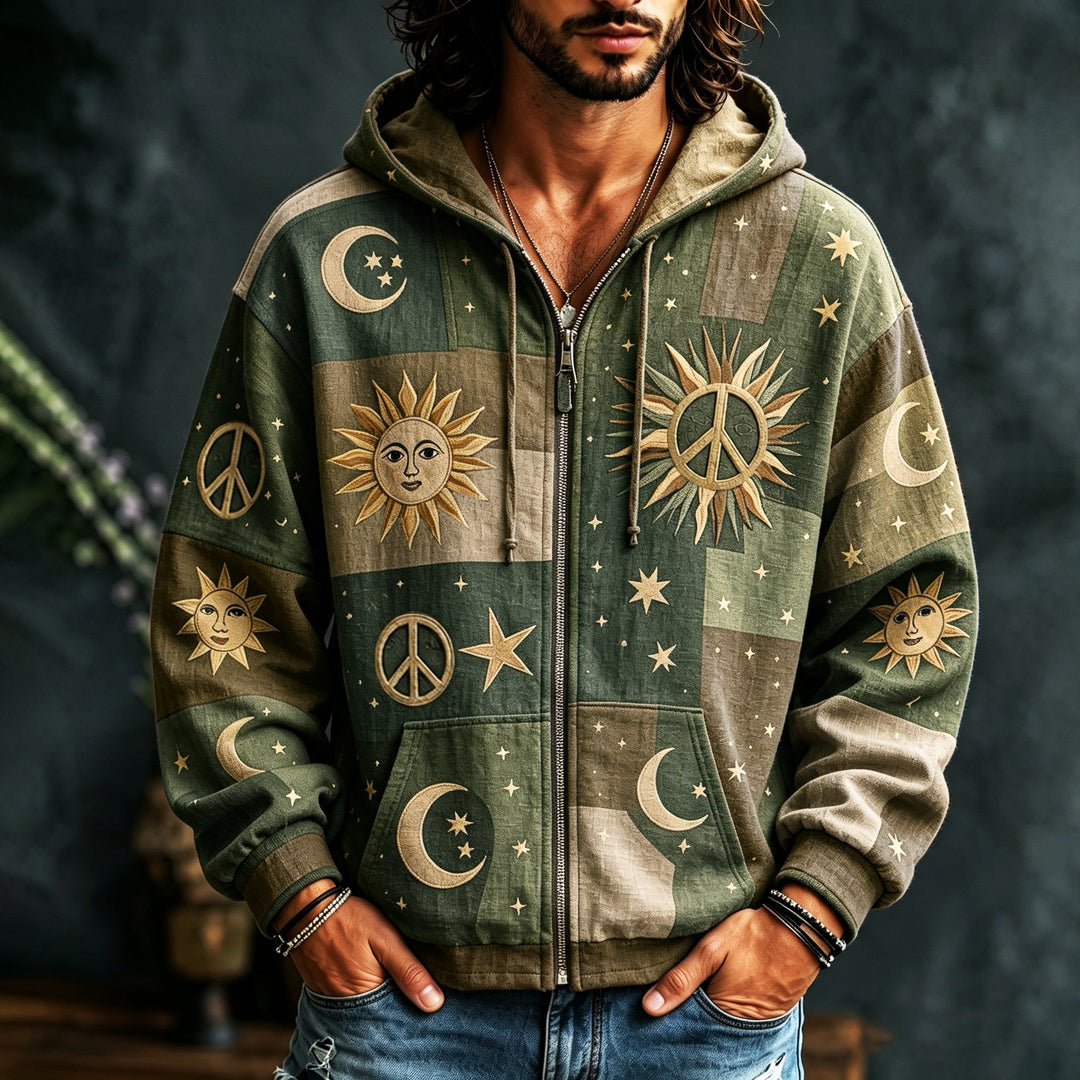 Men's patchwork hoodie with sun moon star and peace motifs
