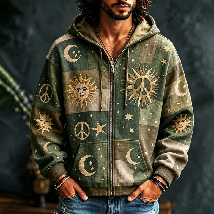 Men's patchwork hoodie with sun moon star and peace motifs