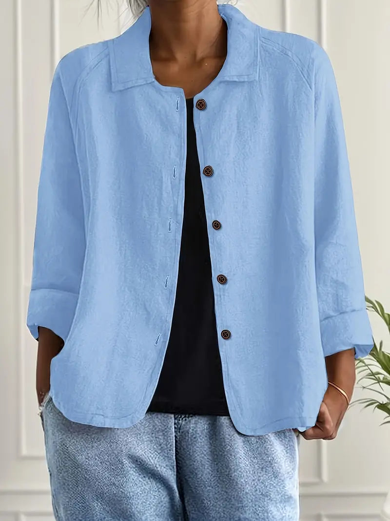 Women's collared button front shirt jacket with three-quarter sleeves