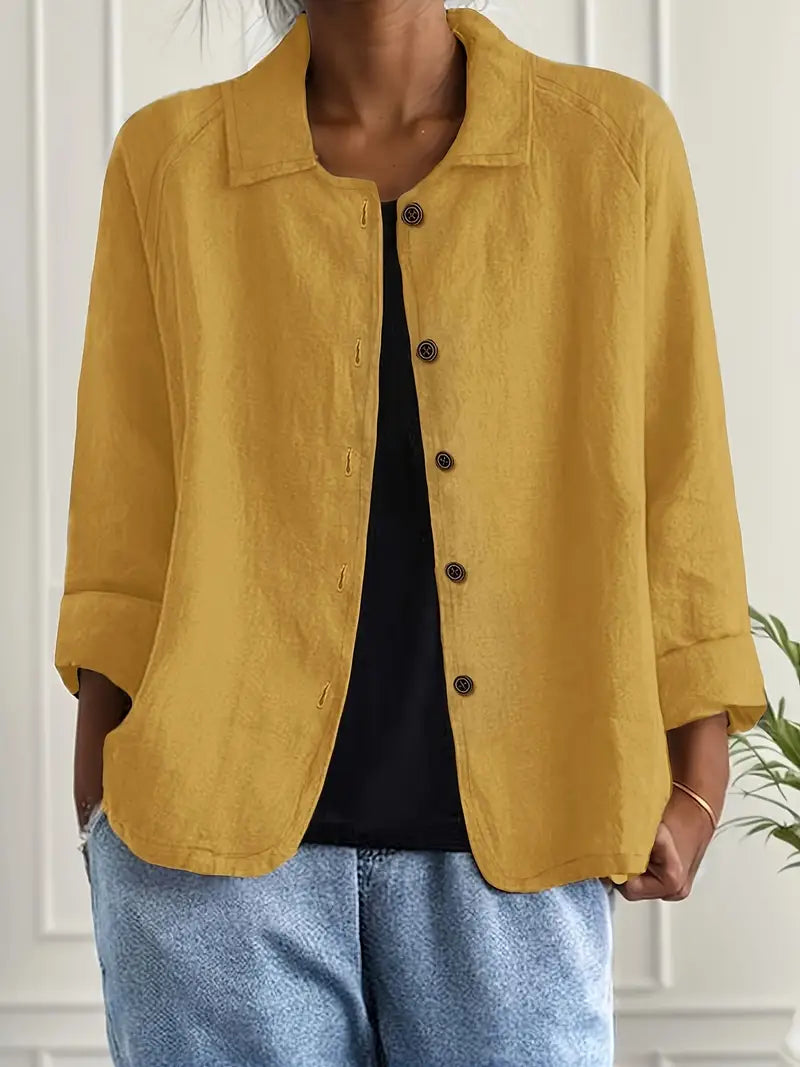 Women's collared button front shirt jacket with three-quarter sleeves