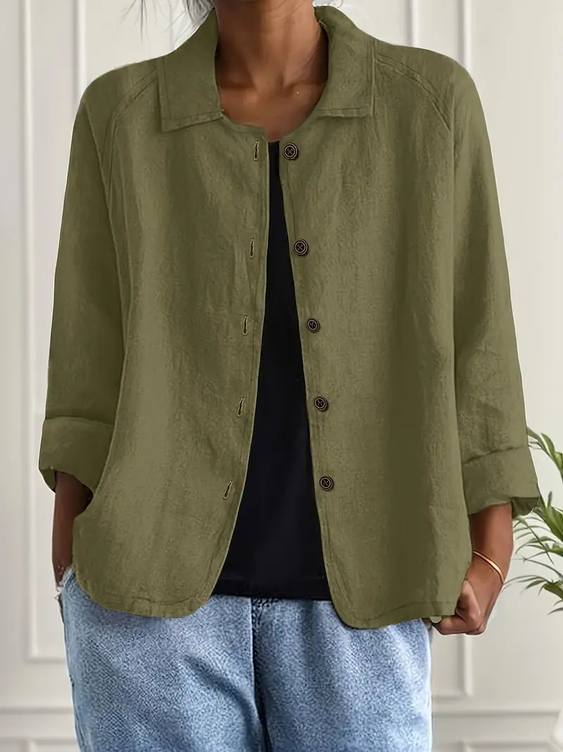 Women's collared button front shirt jacket with three-quarter sleeves