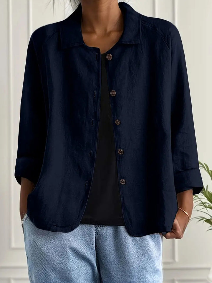 Women's collared button front shirt jacket with three-quarter sleeves