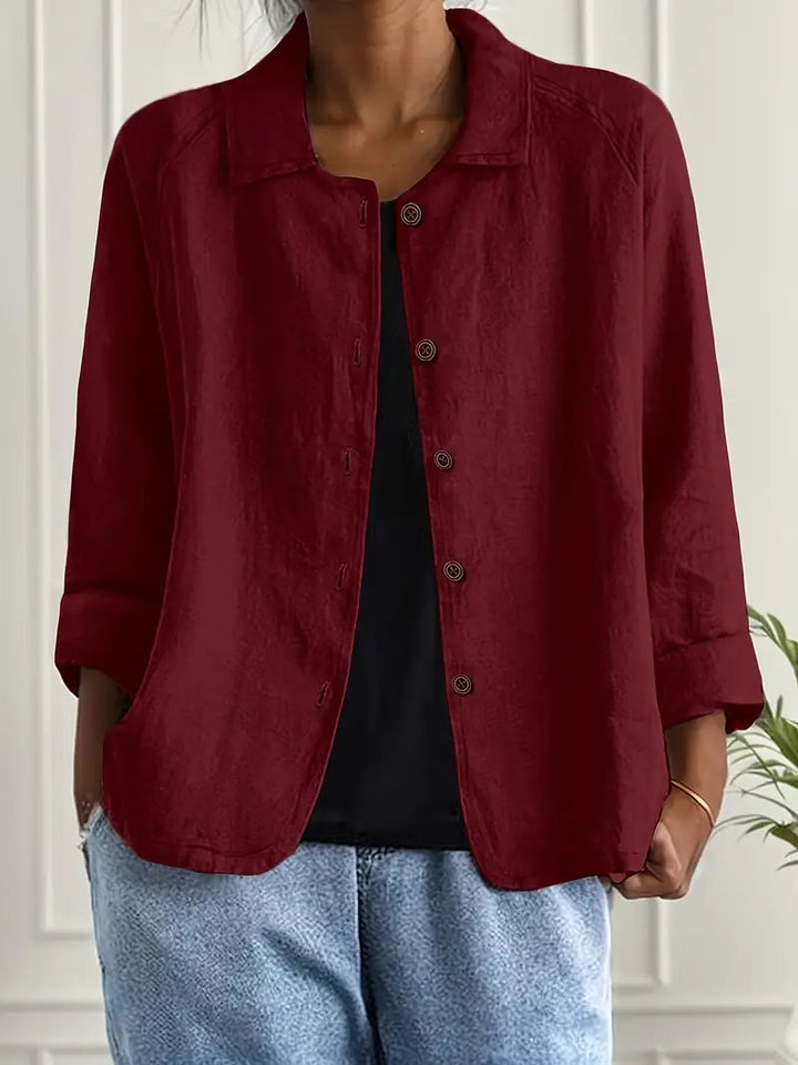 Women's collared button front shirt jacket with three-quarter sleeves