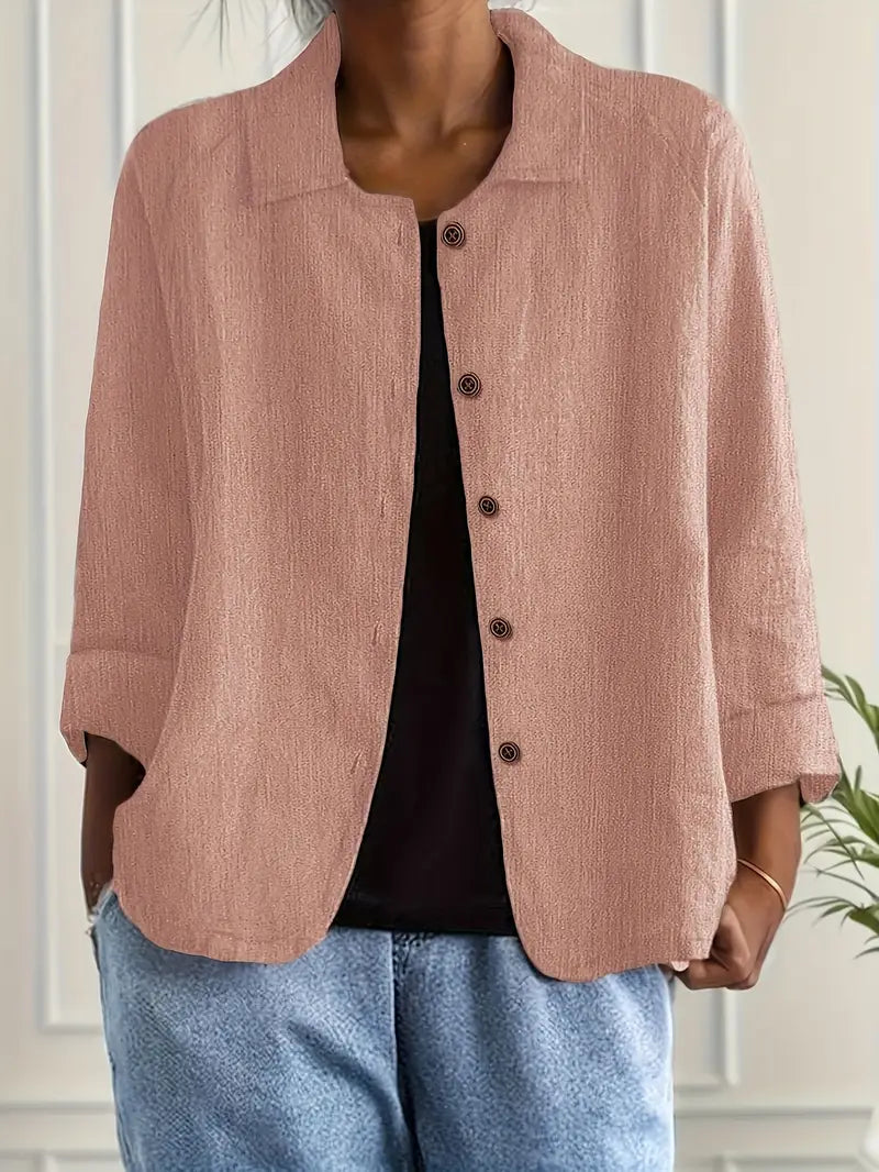 Women's collared button front shirt jacket with three-quarter sleeves