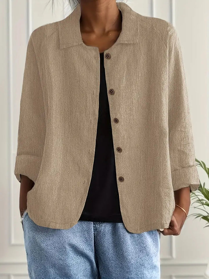 Women's collared button front shirt jacket with three-quarter sleeves