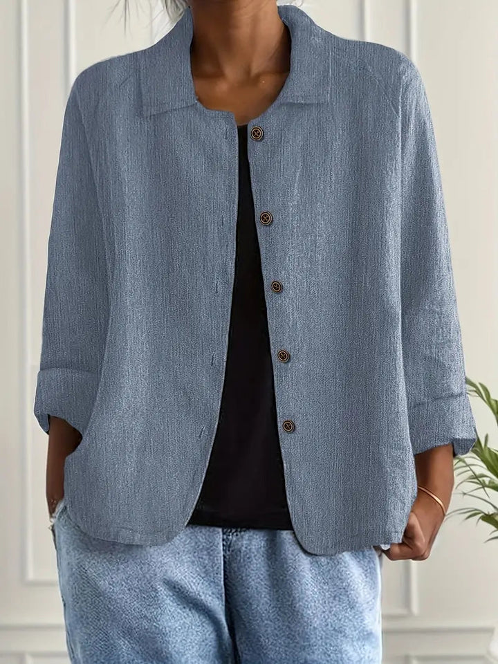 Women's collared button front shirt jacket with three-quarter sleeves