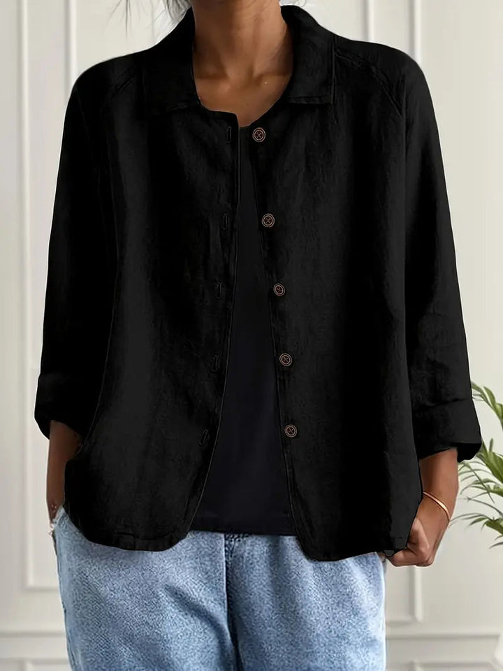 Women's collared button front shirt jacket with three-quarter sleeves