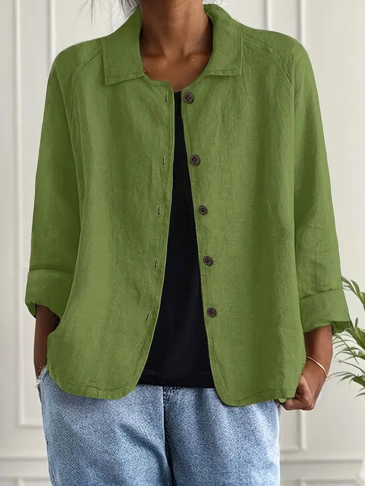 Women's collared button front shirt jacket with three-quarter sleeves