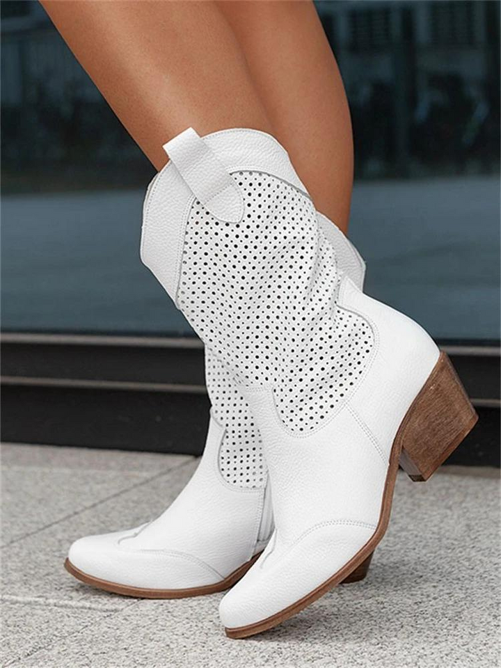 Women's knee high perforated cowboy boots with block heels