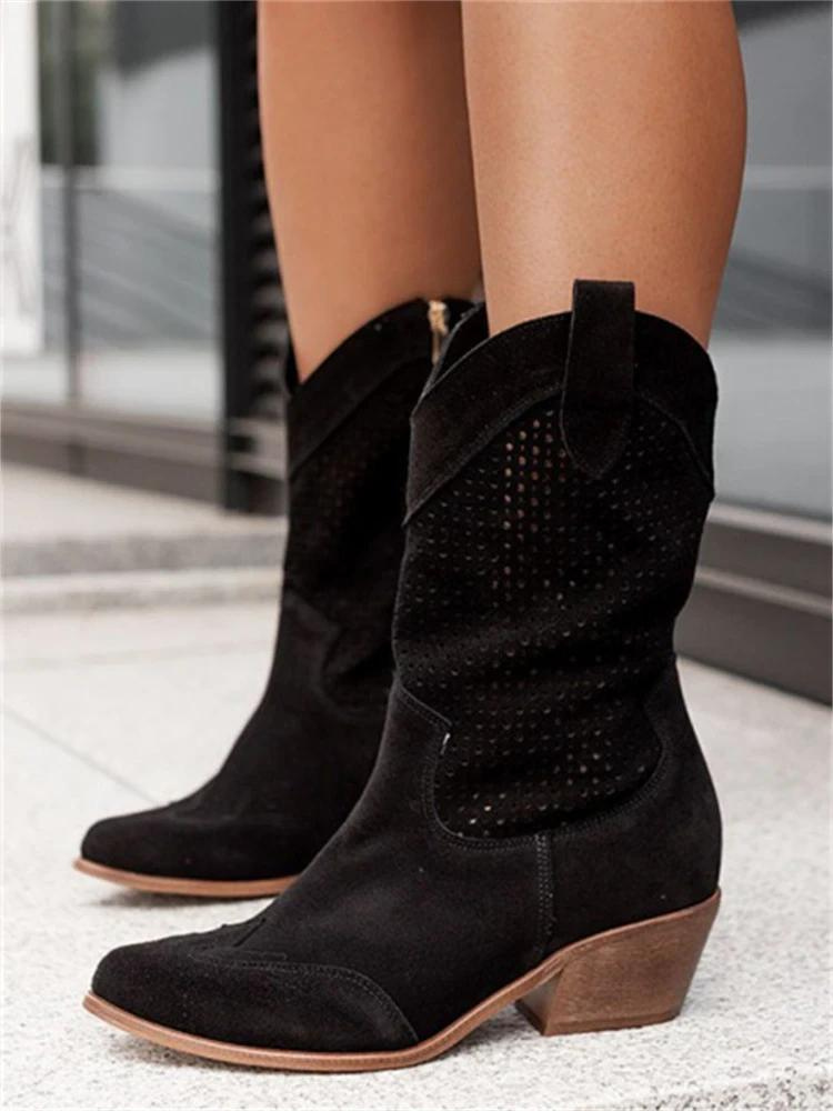 Women's knee high perforated cowboy boots with block heels