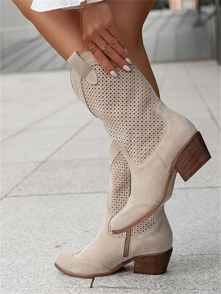 Women's knee high perforated cowboy boots with block heels