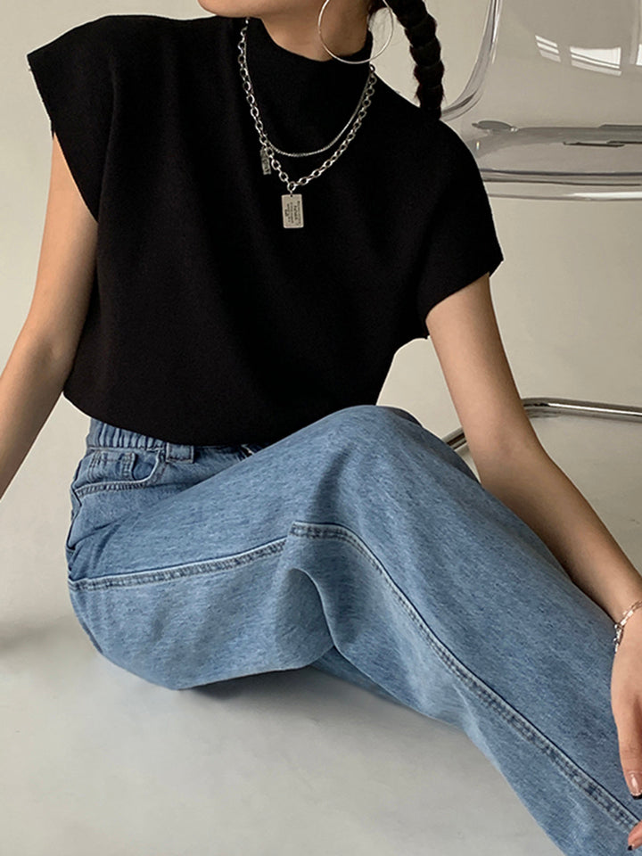 Women's plain mock neck knitted top with short sleeves