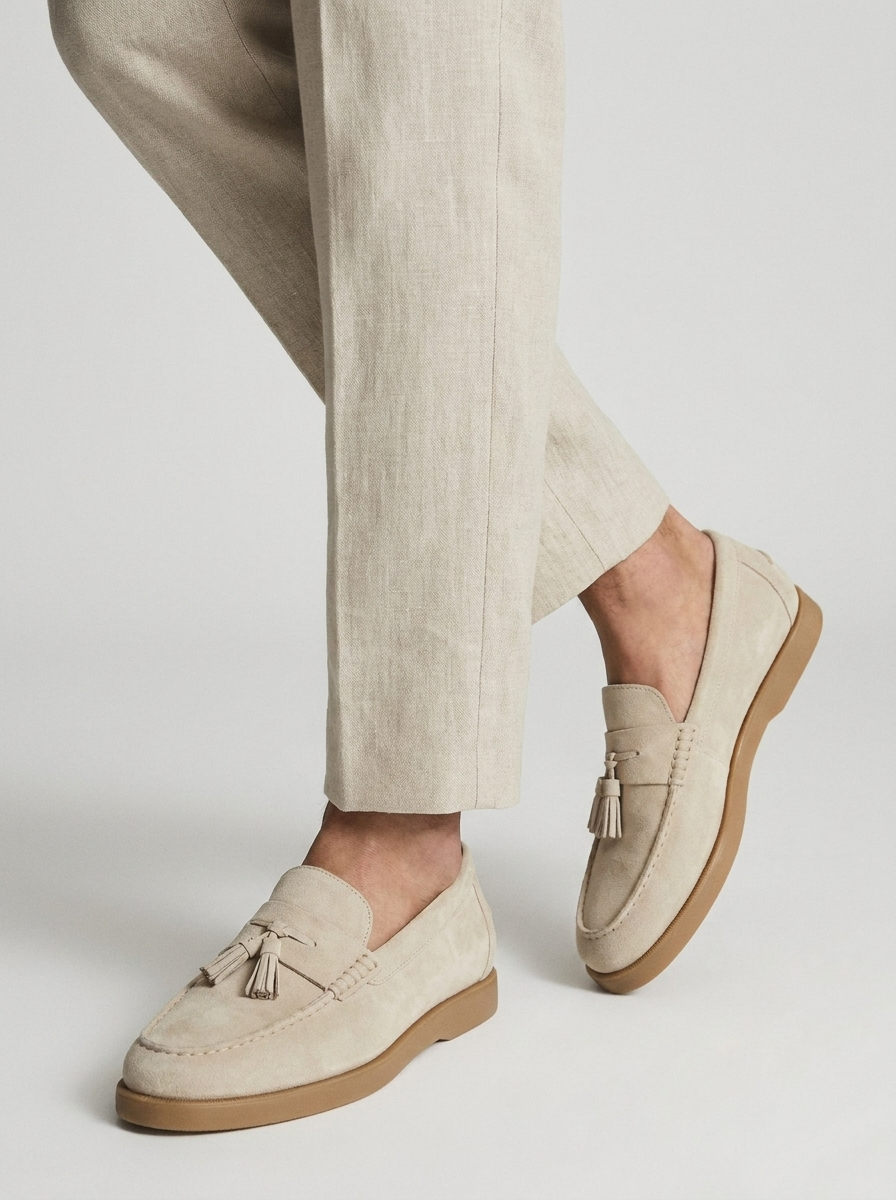 Beige men's tassel loafers with moc toe and low brown sole