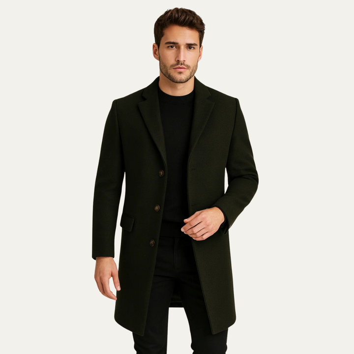 Men's longline single-breasted overcoat with notch lapels and button fastening