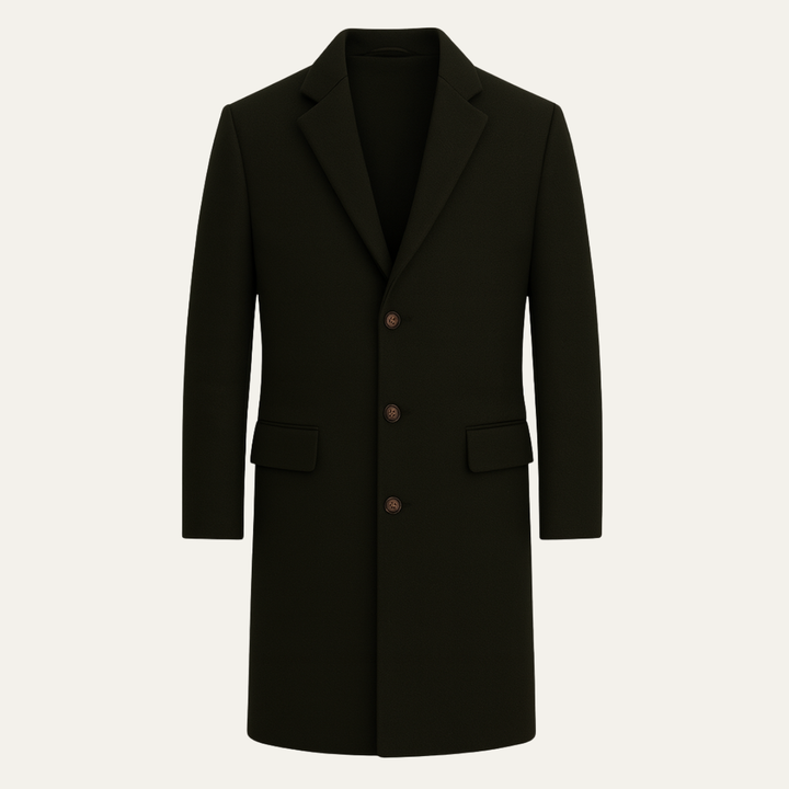 Men's longline single-breasted overcoat with notch lapels and button fastening