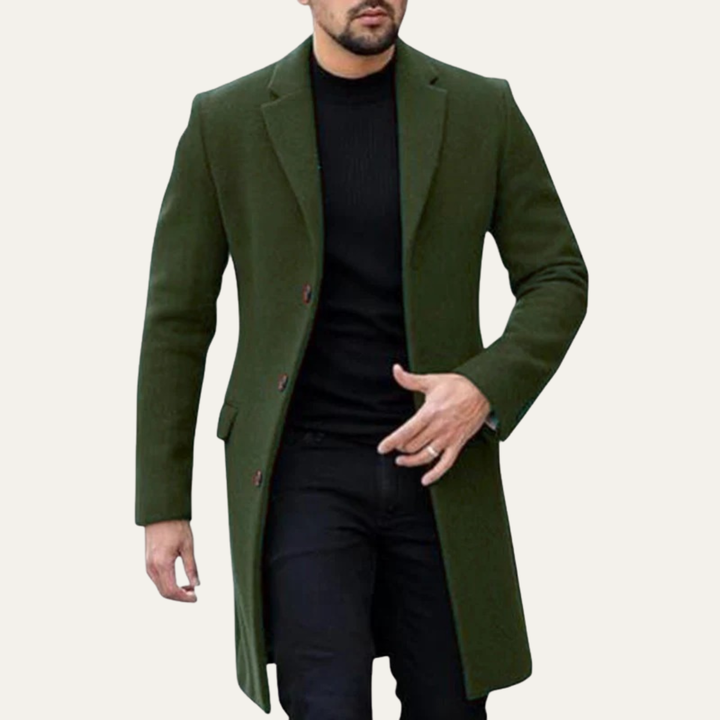 Men's longline single-breasted overcoat with notch lapels and button fastening
