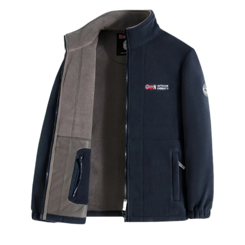 Men's fleece jacket with mock neck collar, zip front and side pockets