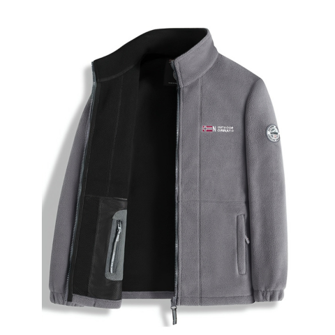 Men's fleece jacket with mock neck collar, zip front and side pockets