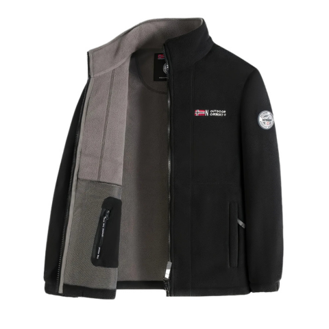 Men's fleece jacket with mock neck collar, zip front and side pockets