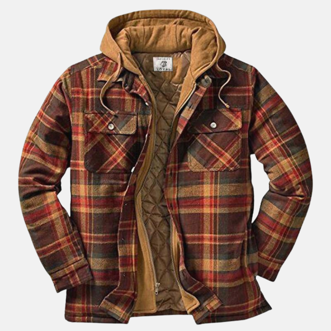 Men's checked quilted shirt jacket with hood and long sleeves