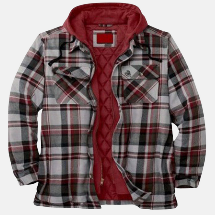 Men's checked quilted shirt jacket with hood and long sleeves