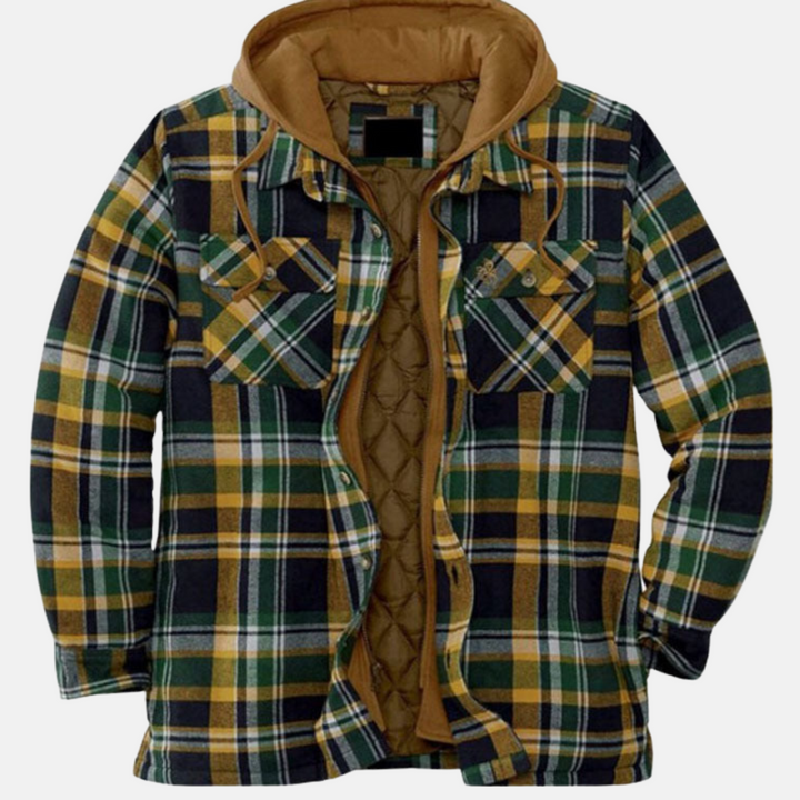 Men's checked quilted shirt jacket with hood and long sleeves
