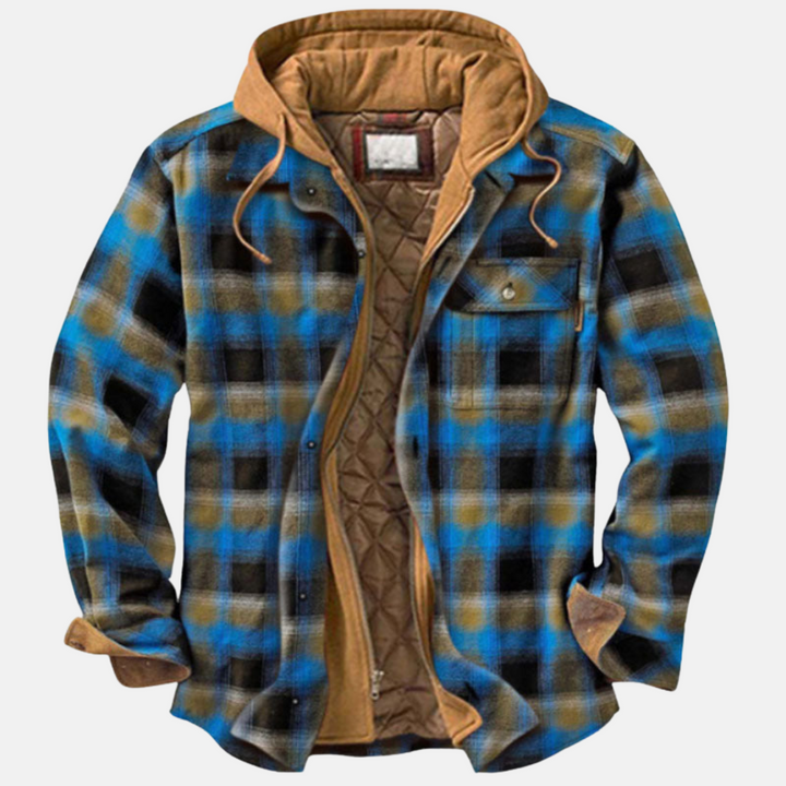 Men's checked quilted shirt jacket with hood and long sleeves