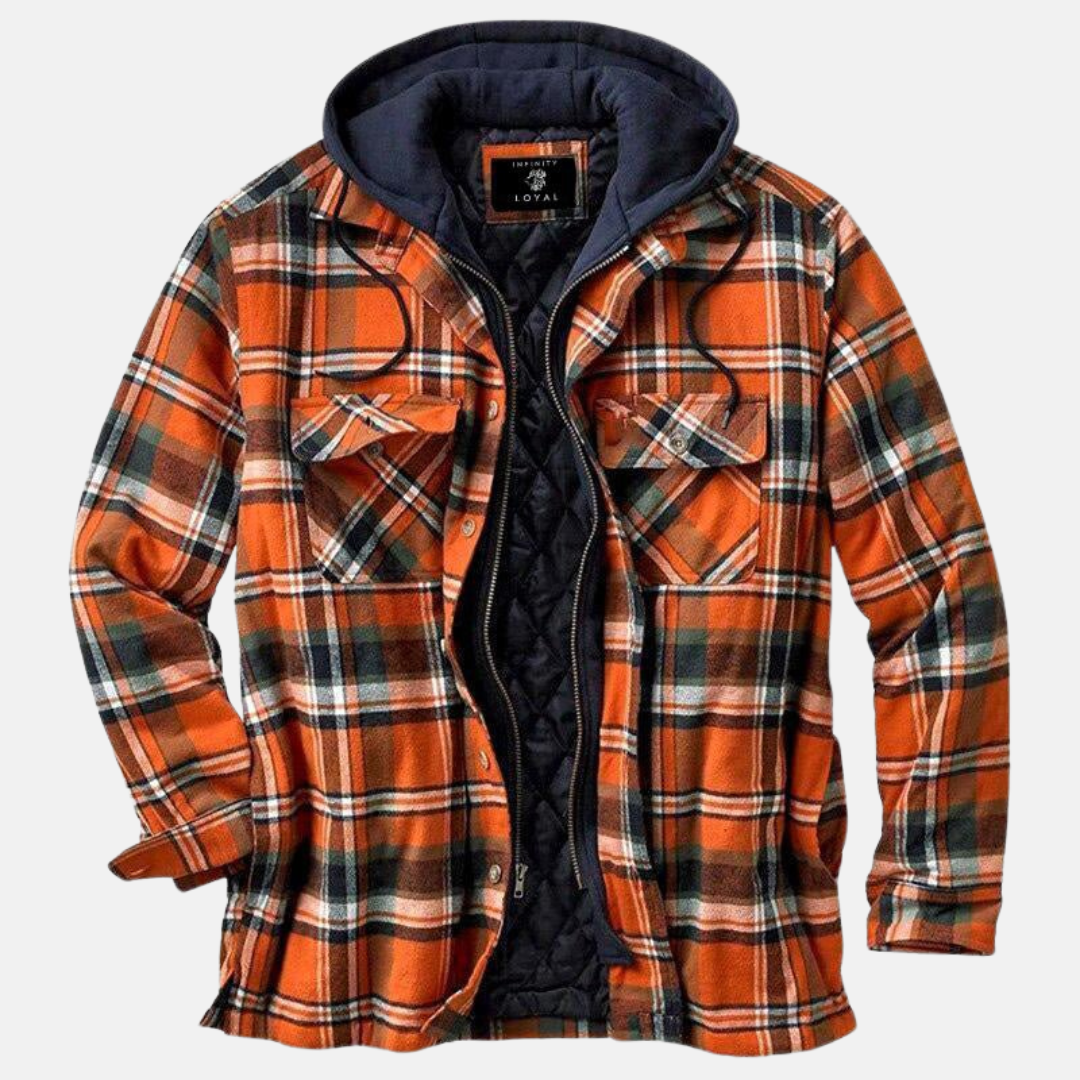 Men's checked quilted shirt jacket with hood and long sleeves