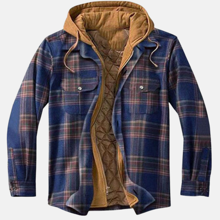 Men's checked quilted shirt jacket with hood and long sleeves