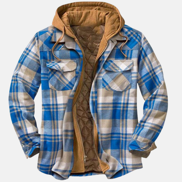 Men's checked quilted shirt jacket with hood and long sleeves
