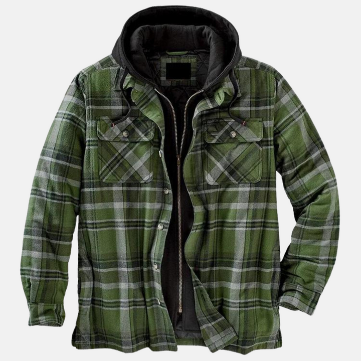 Men's checked quilted shirt jacket with hood and long sleeves