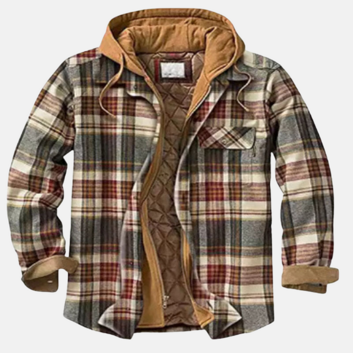 Men's checked quilted shirt jacket with hood and long sleeves
