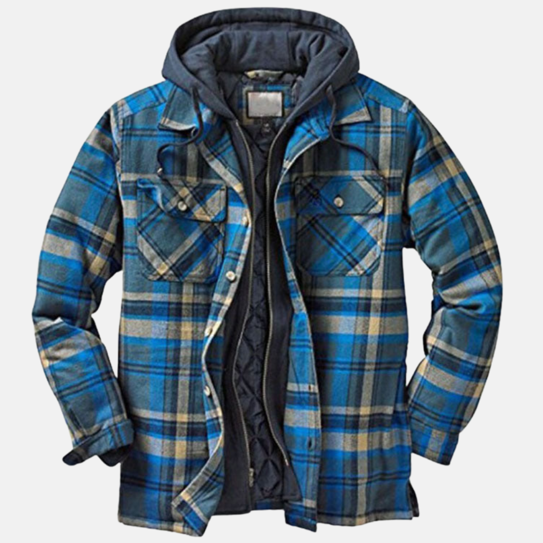 Men's checked quilted shirt jacket with hood and long sleeves