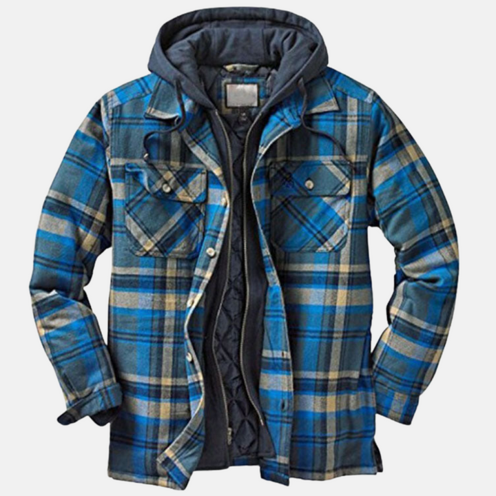 Men's checked quilted shirt jacket with hood and long sleeves